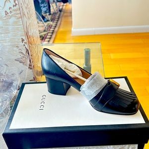 New 
Gucci Marmont Double G Leather Fringe Pumps Mid Heel blackSize 39. 
$800